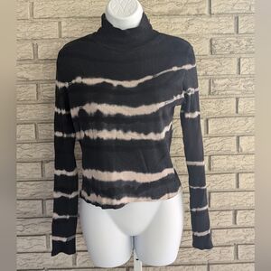 stradivarius Black Tie Dye Striped Ribbed Mock Neck Long Sleeve Top Medium GUC